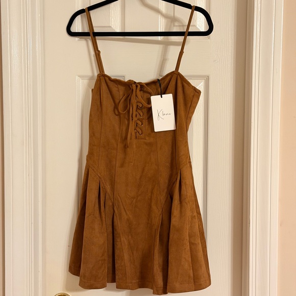 Brown Suede Mini Dress with Lace-Up Bodice - Picture 2 of 4